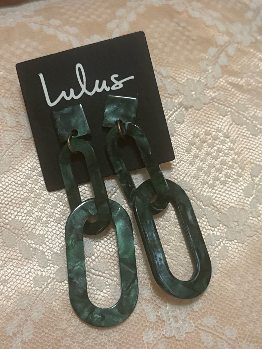 Lulus Green Marbled Resin Link Statement Drop Earrings NWT